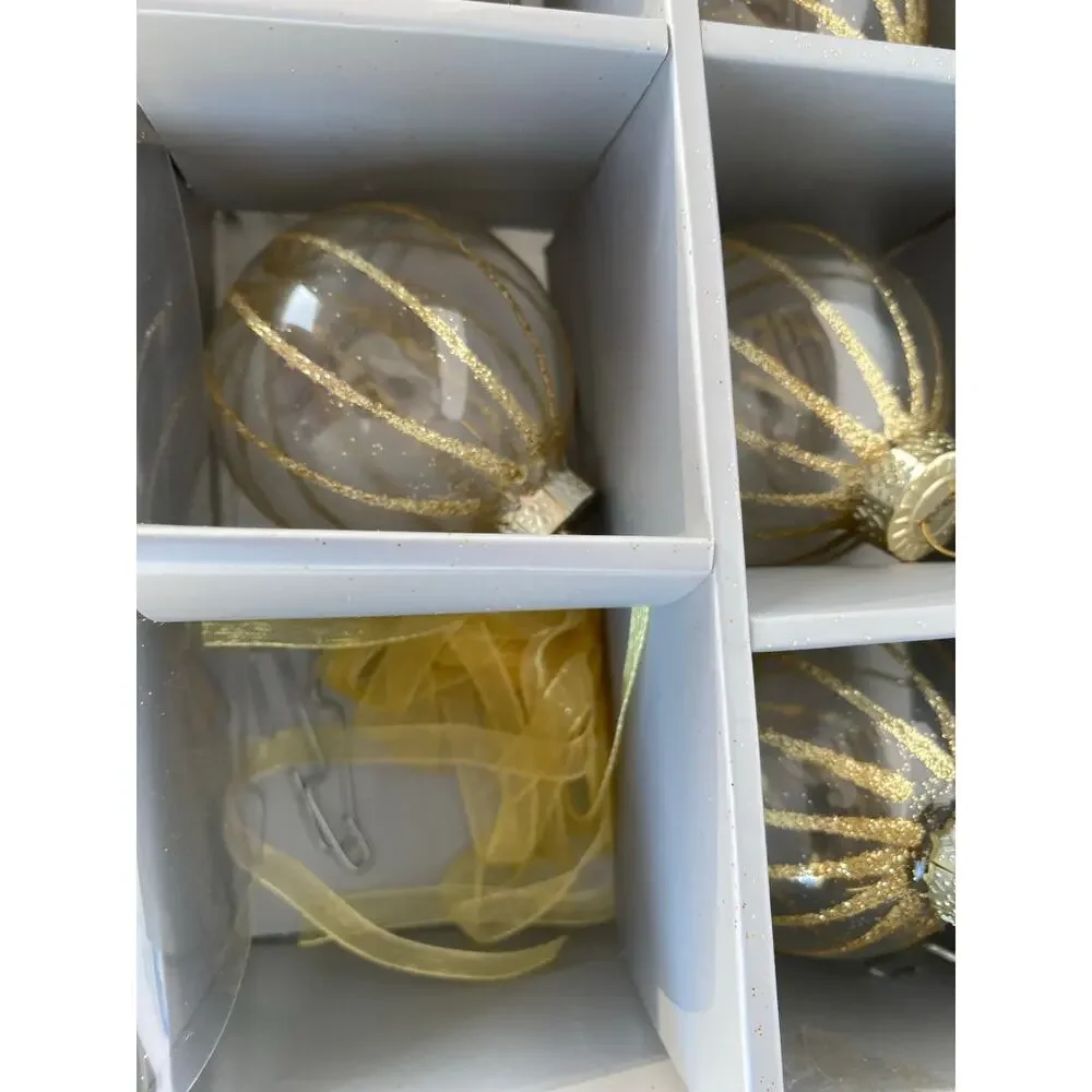 set of 12 glass Christmas ball ornaments featuring a dark tinted or smoked glass